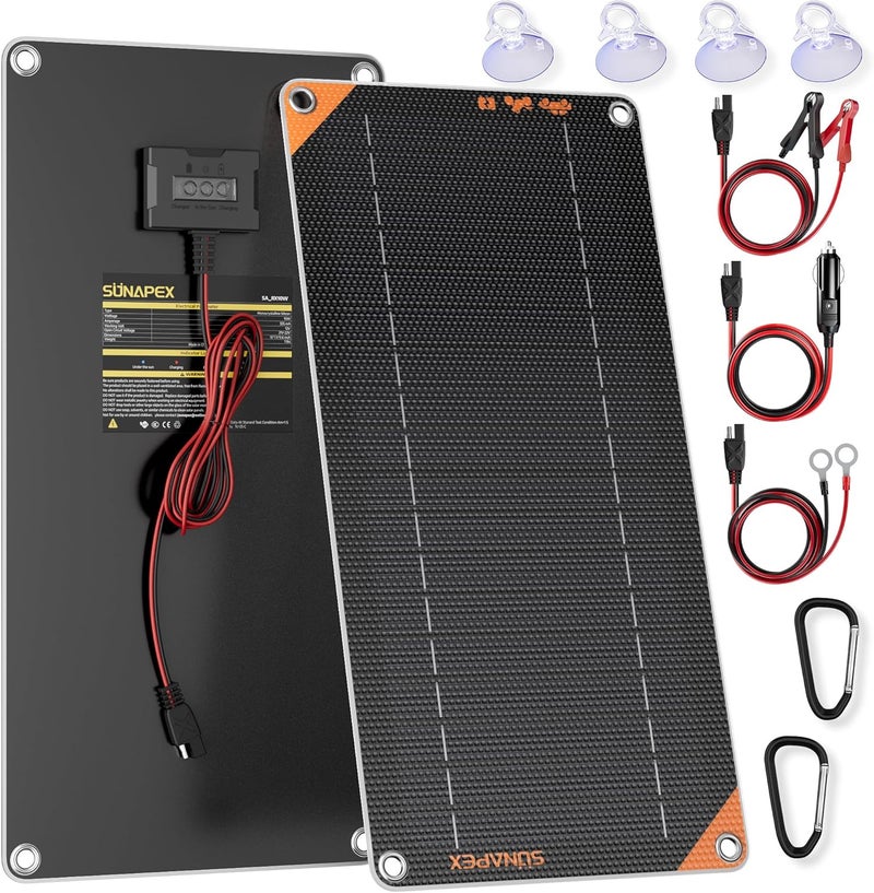 SUNAPEX 12V 10 Watt Solar Trickle Charger Maintainer - Waterproof Solar Powered Battery Charger - Solar Panel Kit Built-in Smart Charge Controller for Car Rv Trailer Truck Boat Automotive Marine - Image 1